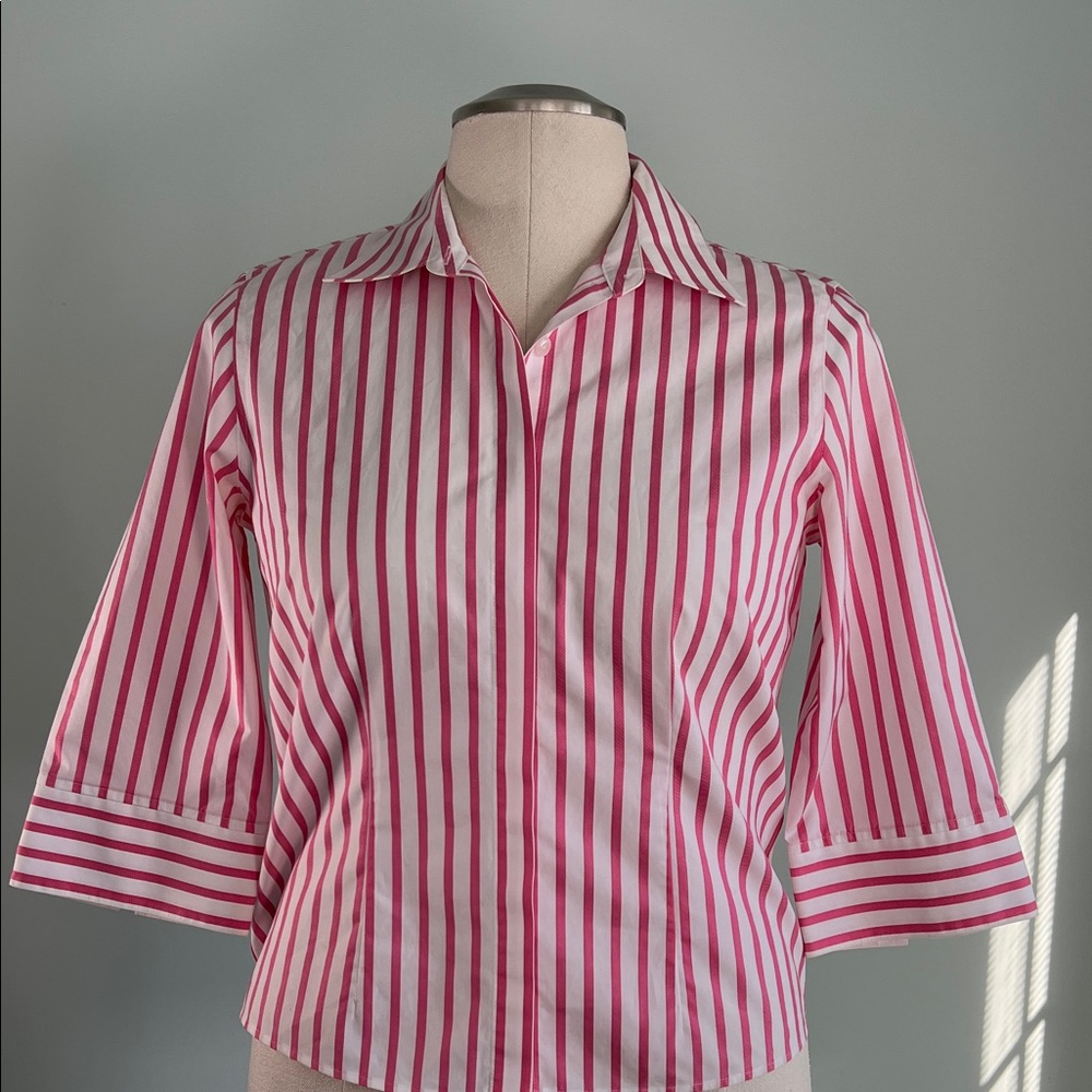 Vintage Orvis Pink and White Striped Button Down 3/4 Sleeves Collard Blouse 6